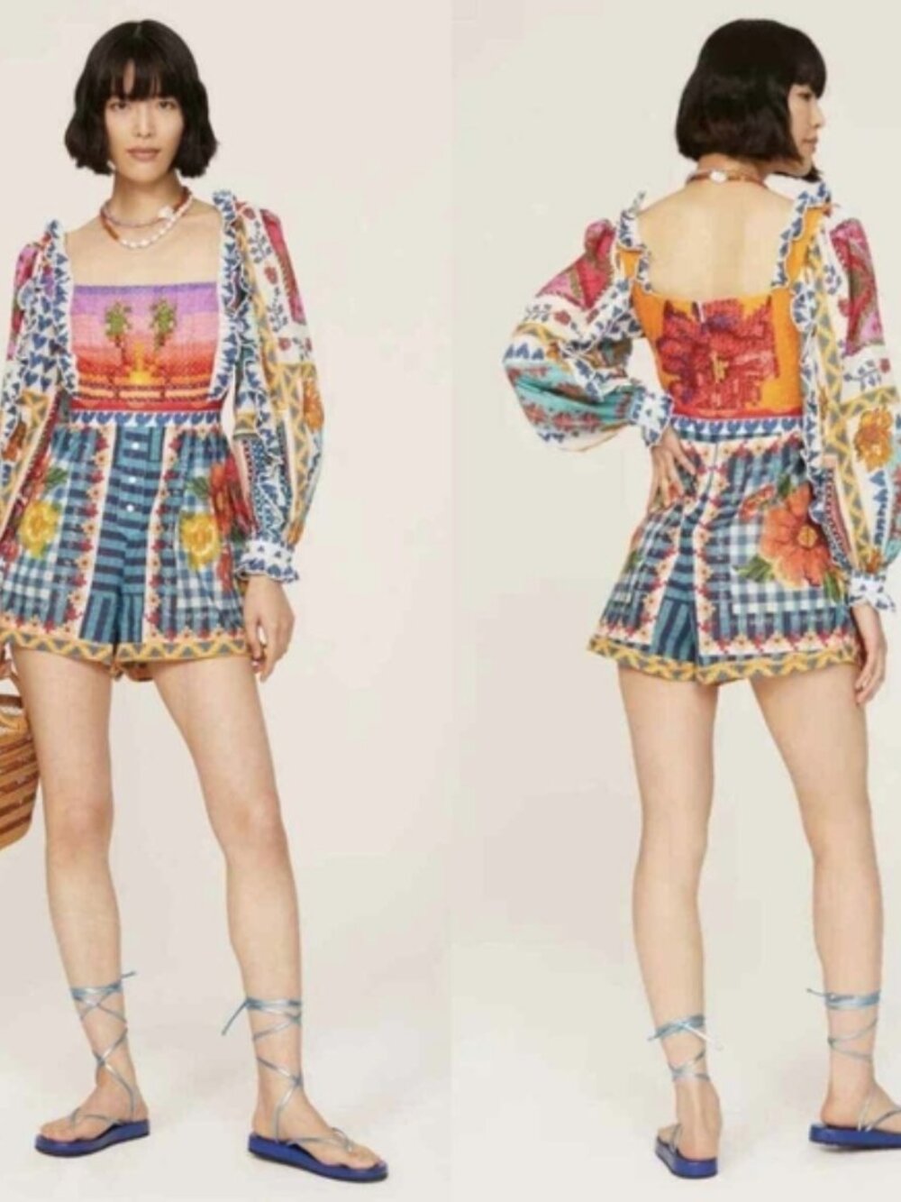 FARM Rio Summer Stitches Romper Jumpsuit Sz Large $238 BOHO EUC FLATTERING